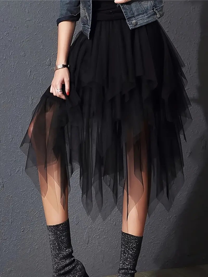 Solid Mesh Asymmetric Hem Skirt, A-line Tutu Skirt For Spring & Summer, Women's Clothing