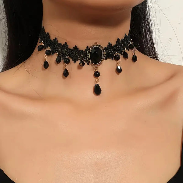 Gothic Punk-Inspired Black Lace Tassel Choker Necklace