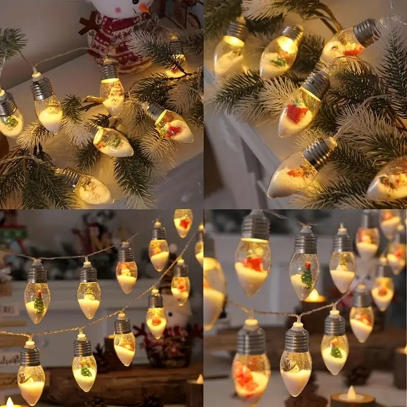 Rustic Christmas Light String, Snowball Bulb Lights with Tree, Snow, and Cute Ornaments