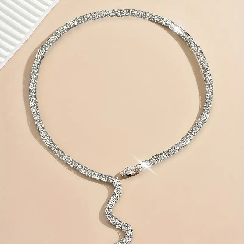 Luxurious Silvery Snake Rhinestone Collar Necklace - Glamorous Party Jewelry for Women - Stylish Gift Idea with Dazzling Shine