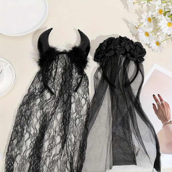 Halloween Black Horn Lace Veil Headband - Vintage Style, Mesh