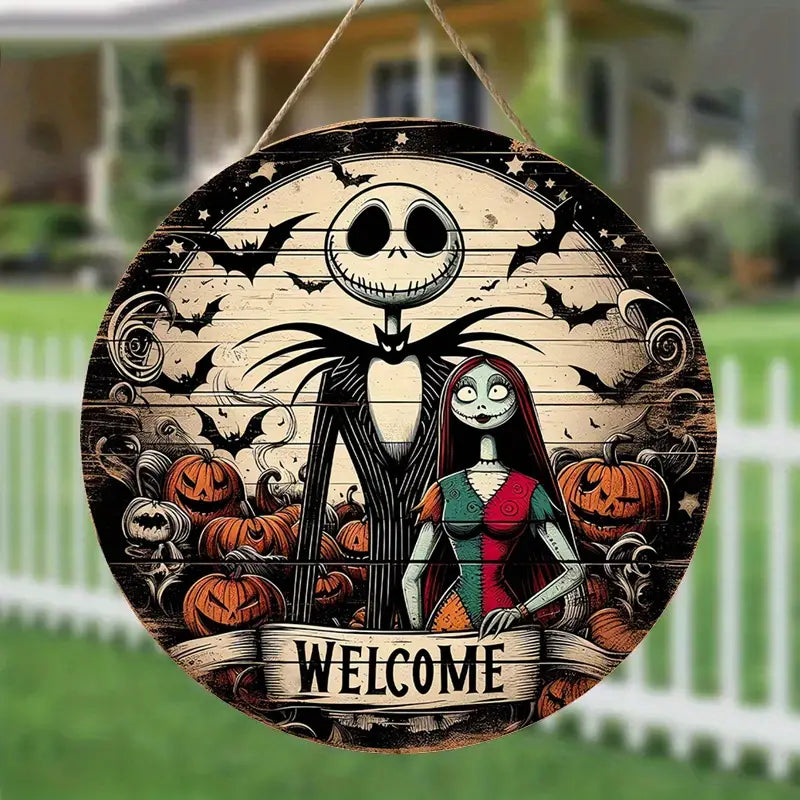 UME Nightmare Before Christmas Wooden Welcome Sign - Jack and Sally Wall Art Decor,