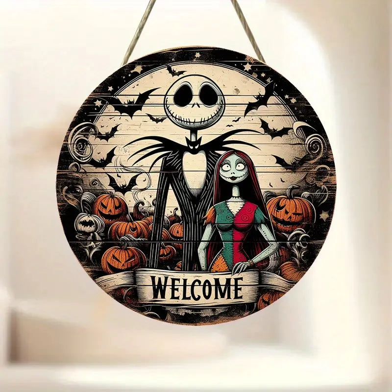 UME Nightmare Before Christmas Wooden Welcome Sign - Jack and Sally Wall Art Decor,