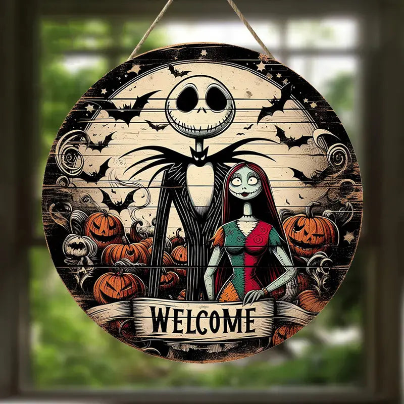 UME Nightmare Before Christmas Wooden Welcome Sign - Jack and Sally Wall Art Decor,