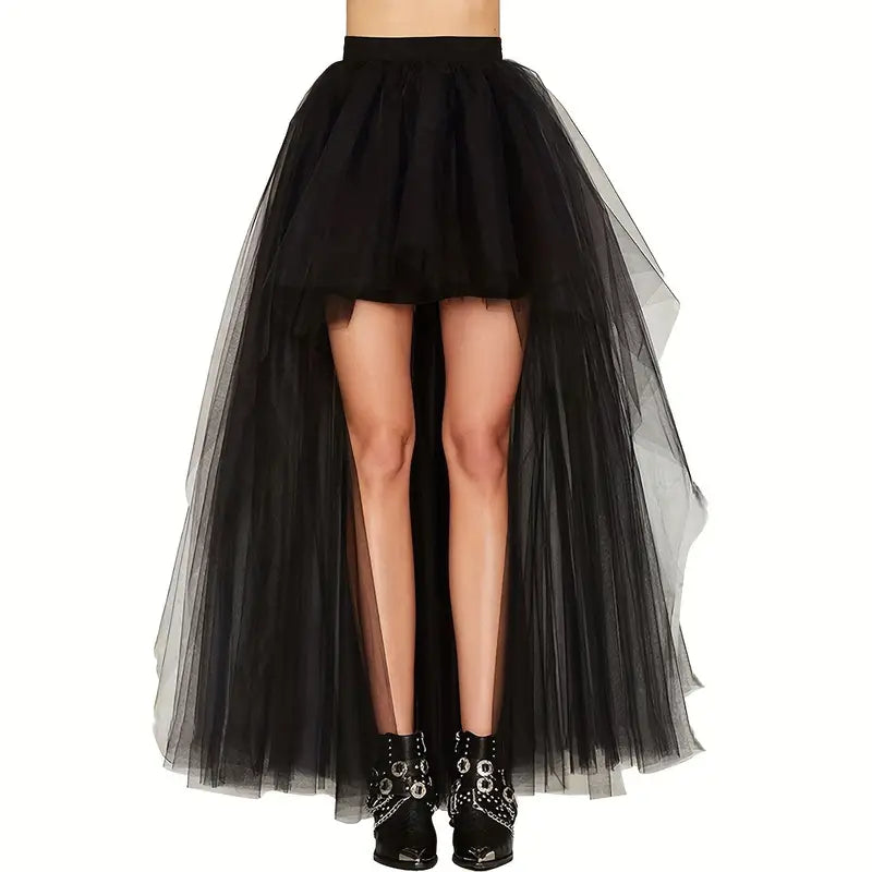 Plus Size Gothic Tulle Tutu Skirt - 4 Layer Mesh, Floor-Length with High-Low Hem for Weddings, Banquets & Cosplay