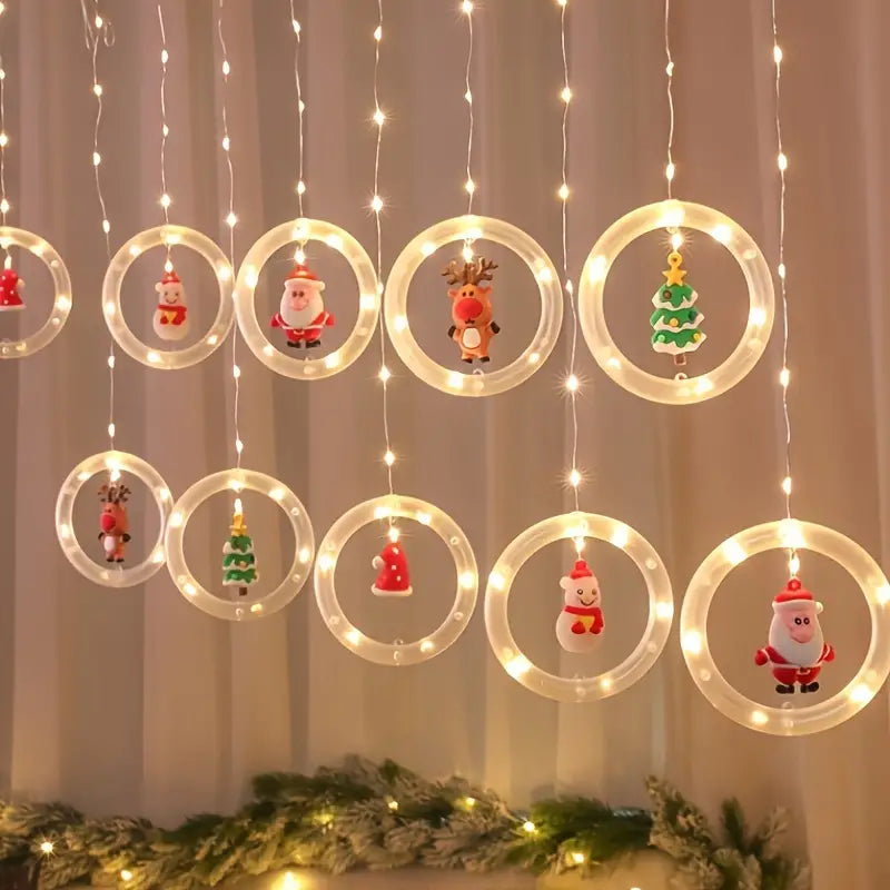 Rustic Christmas LED Curtain Lights Set - Santa, Reindeer, Snowman & Tree Designs