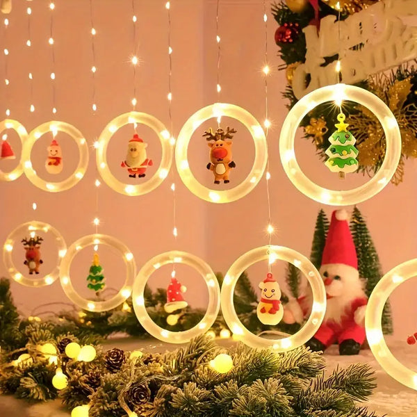 Rustic Christmas LED Curtain Lights Set - Santa, Reindeer, Snowman & Tree Designs