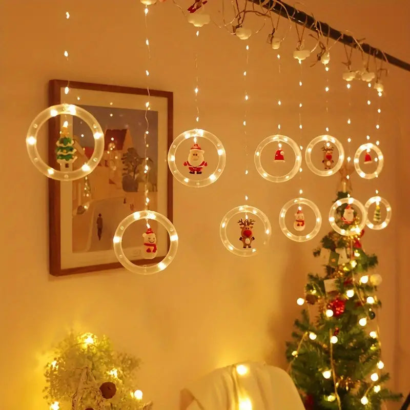 Rustic Christmas LED Curtain Lights Set - Santa, Reindeer, Snowman & Tree Designs