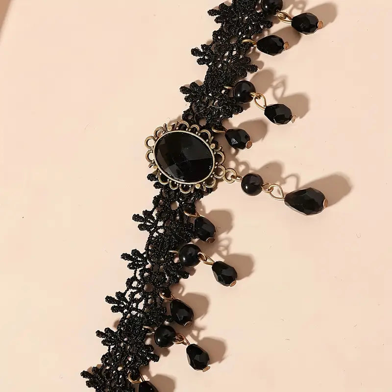 Gothic Punk-Inspired Black Lace Tassel Choker Necklace