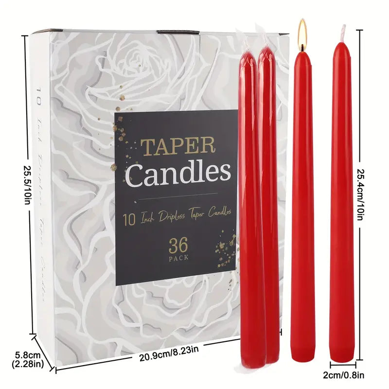 36pcs Red Taper Candles 0.8" x 10" - Dripless