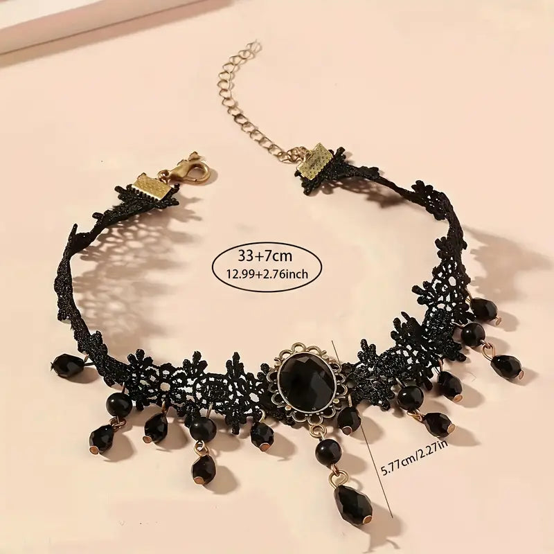 Gothic Punk-Inspired Black Lace Tassel Choker Necklace