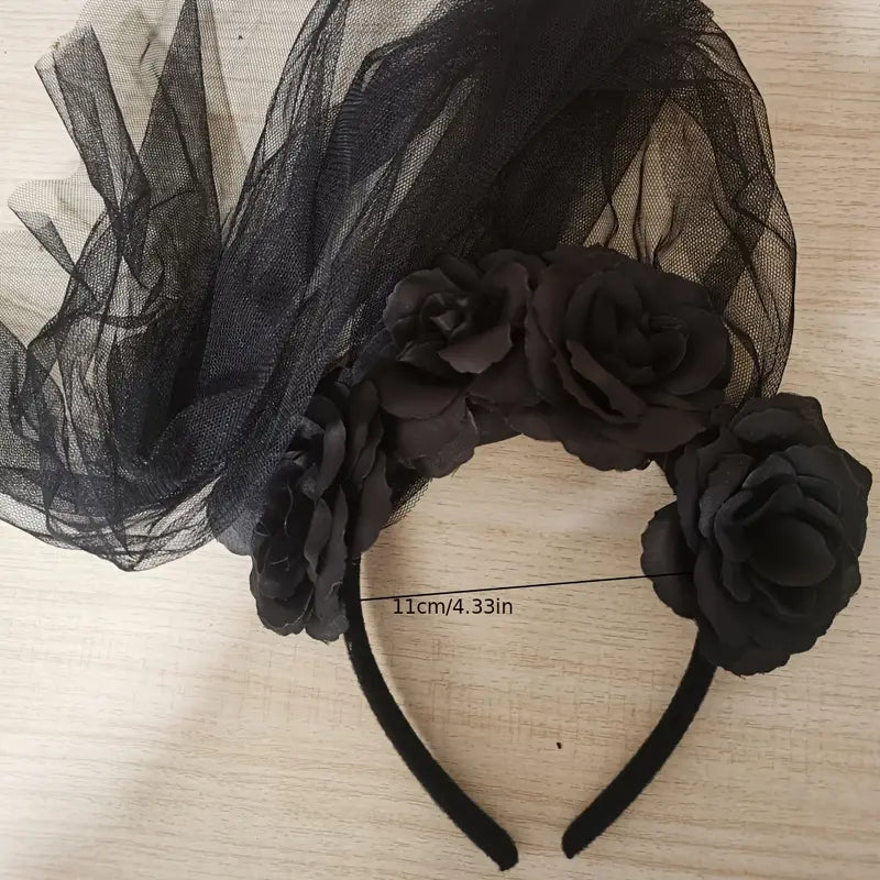 Halloween Black Horn Lace Veil Headband - Vintage Style, Mesh