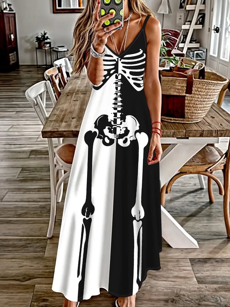 Vibrant Color Block Skeleton Print Spaghetti Strap Cami Dress