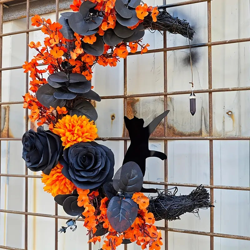 13.77" Halloween Moon & Cat Wreath With Crystal