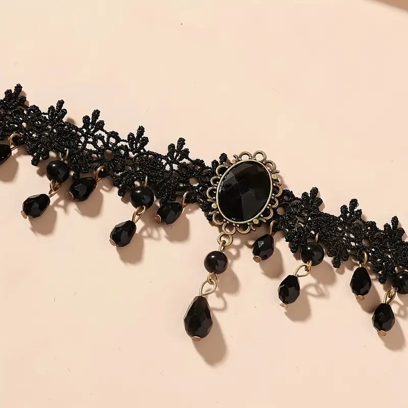 Gothic Punk-Inspired Black Lace Tassel Choker Necklace