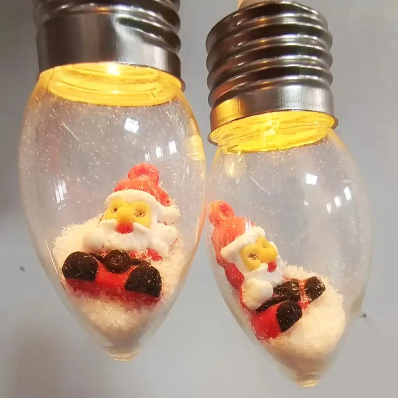 Rustic Christmas Light String, Snowball Bulb Lights with Tree, Snow, and Cute Ornaments