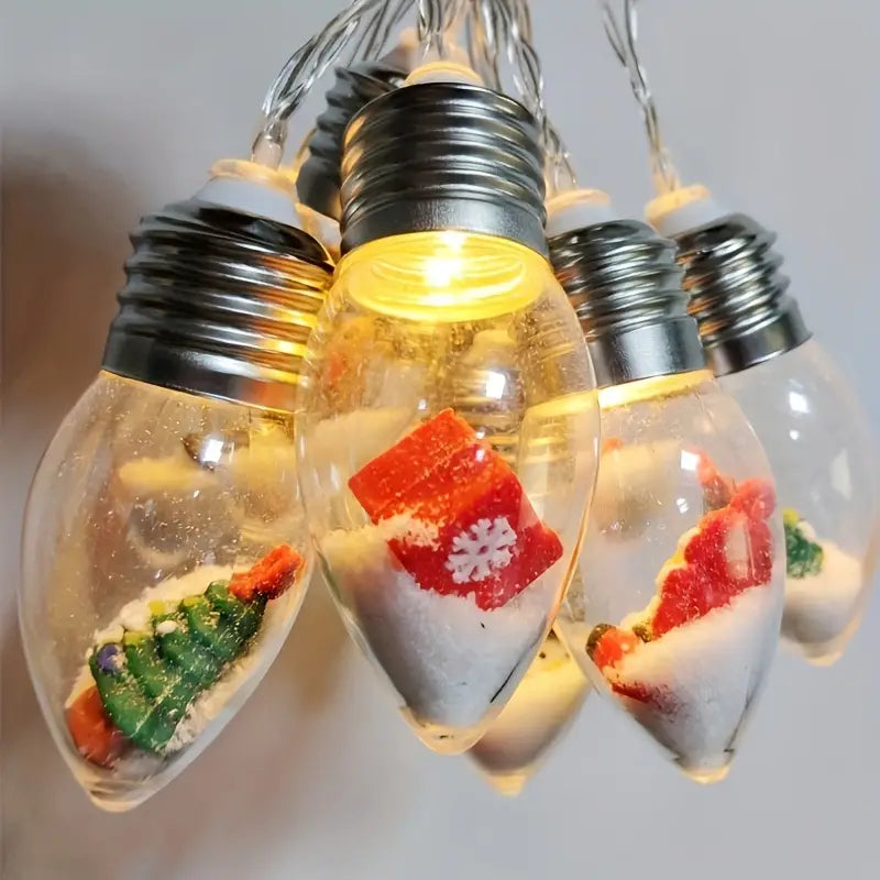 Rustic Christmas Light String, Snowball Bulb Lights with Tree, Snow, and Cute Ornaments