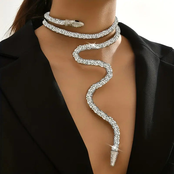 Luxurious Silvery Snake Rhinestone Collar Necklace - Glamorous Party Jewelry for Women - Stylish Gift Idea with Dazzling Shine