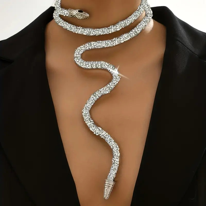 Luxurious Silvery Snake Rhinestone Collar Necklace - Glamorous Party Jewelry for Women - Stylish Gift Idea with Dazzling Shine