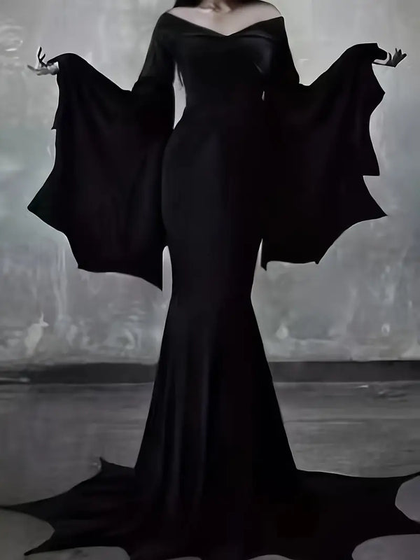 Vintage Gothic Off-Shoulder Mermaid Dress with Batwing Sleeves