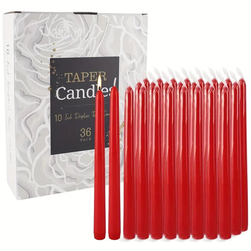 36pcs Red Taper Candles 0.8" x 10" - Dripless