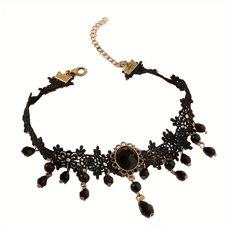 Gothic Punk-Inspired Black Lace Tassel Choker Necklace