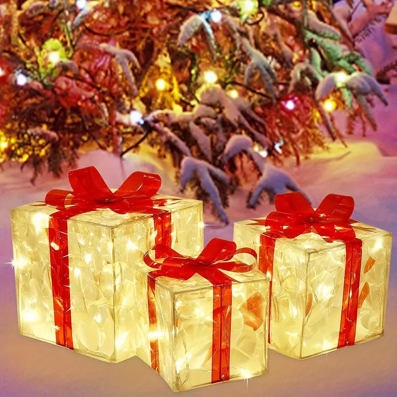 Set of 3 Christmas Lighted Gift Boxes, Transparent Warm White Lighted Christmas Box Decrations,