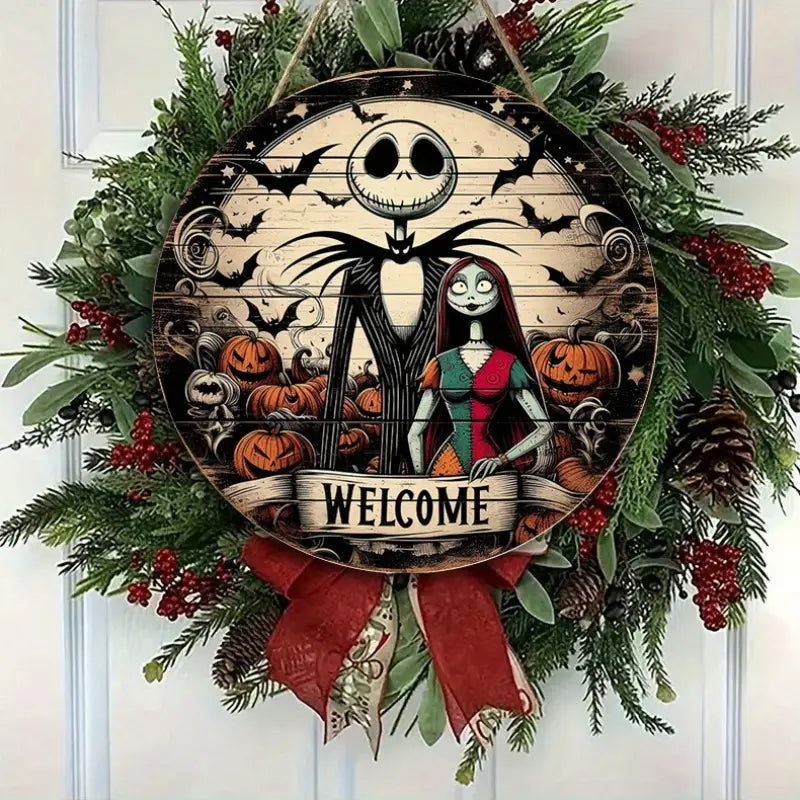 UME Nightmare Before Christmas Wooden Welcome Sign - Jack and Sally Wall Art Decor,