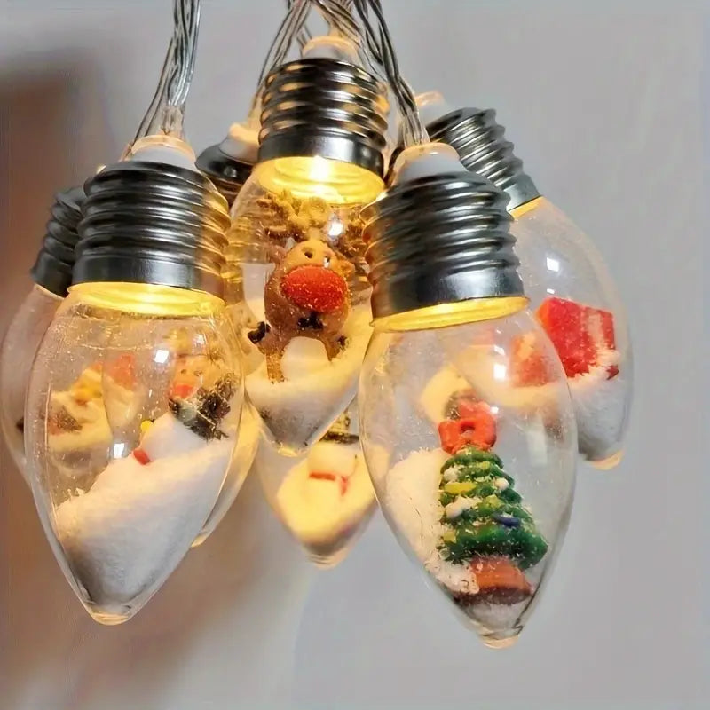 Rustic Christmas Light String, Snowball Bulb Lights with Tree, Snow, and Cute Ornaments