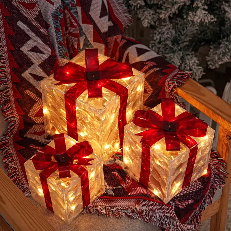 Set of 3 Christmas Lighted Gift Boxes, Transparent Warm White Lighted Christmas Box Decrations,