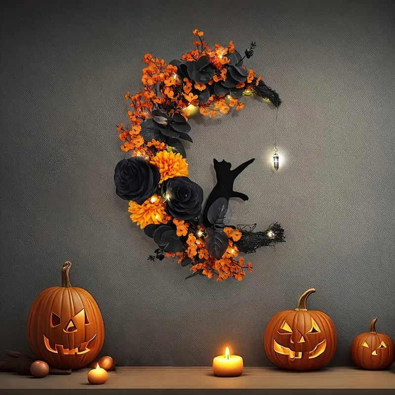 13.77" Halloween Moon & Cat Wreath With Crystal