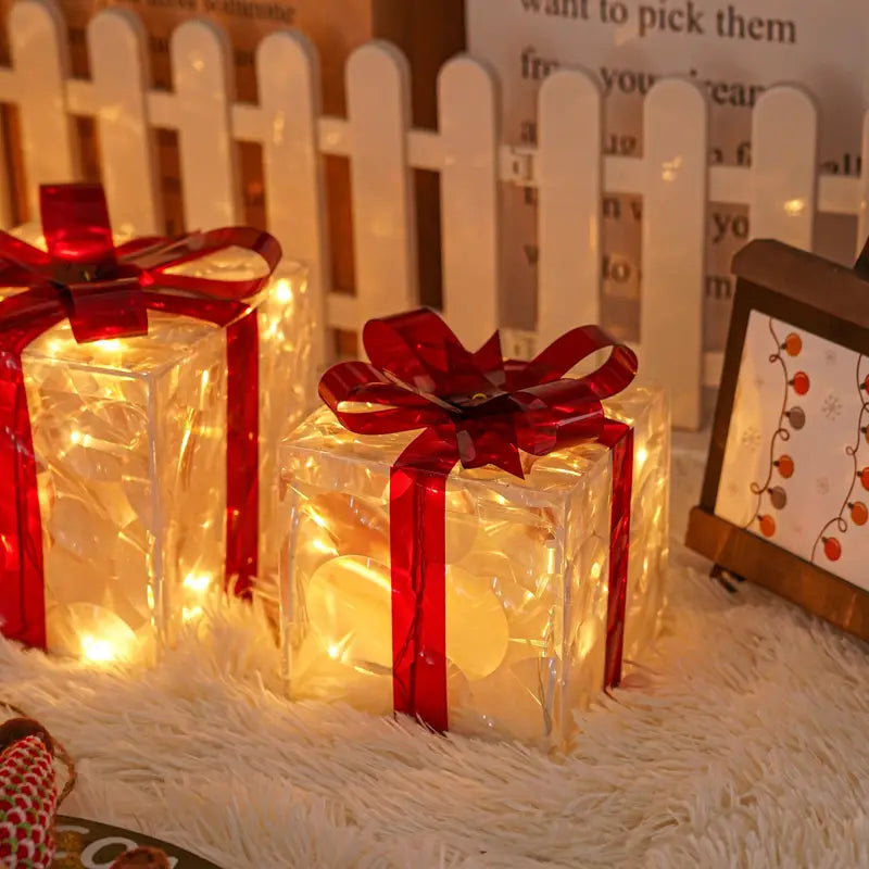 Set of 3 Christmas Lighted Gift Boxes, Transparent Warm White Lighted Christmas Box Decrations,