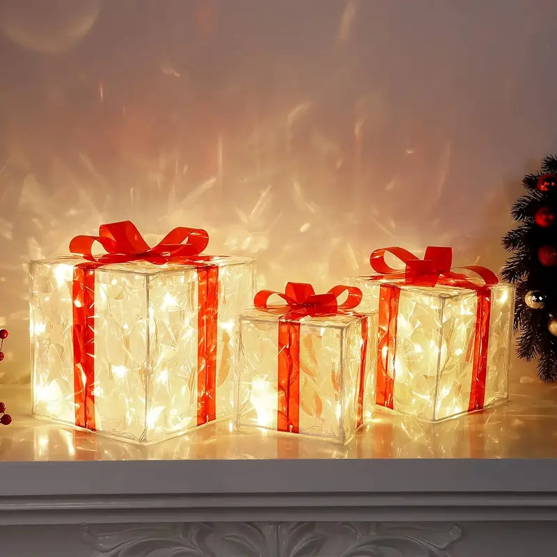 Set of 3 Christmas Lighted Gift Boxes, Transparent Warm White Lighted Christmas Box Decrations,