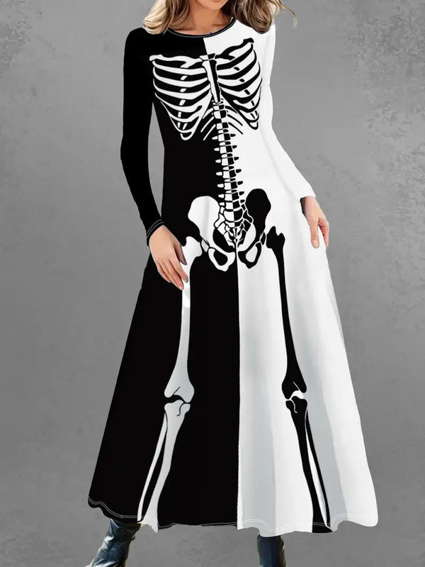 Skeleton Print A-Line Dress – Elegant Crew Neck Knit Fabric