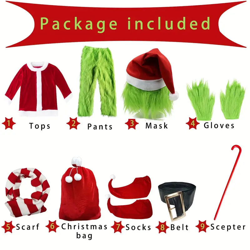 9pcs Christmas Green Monster Santa Claus Dress