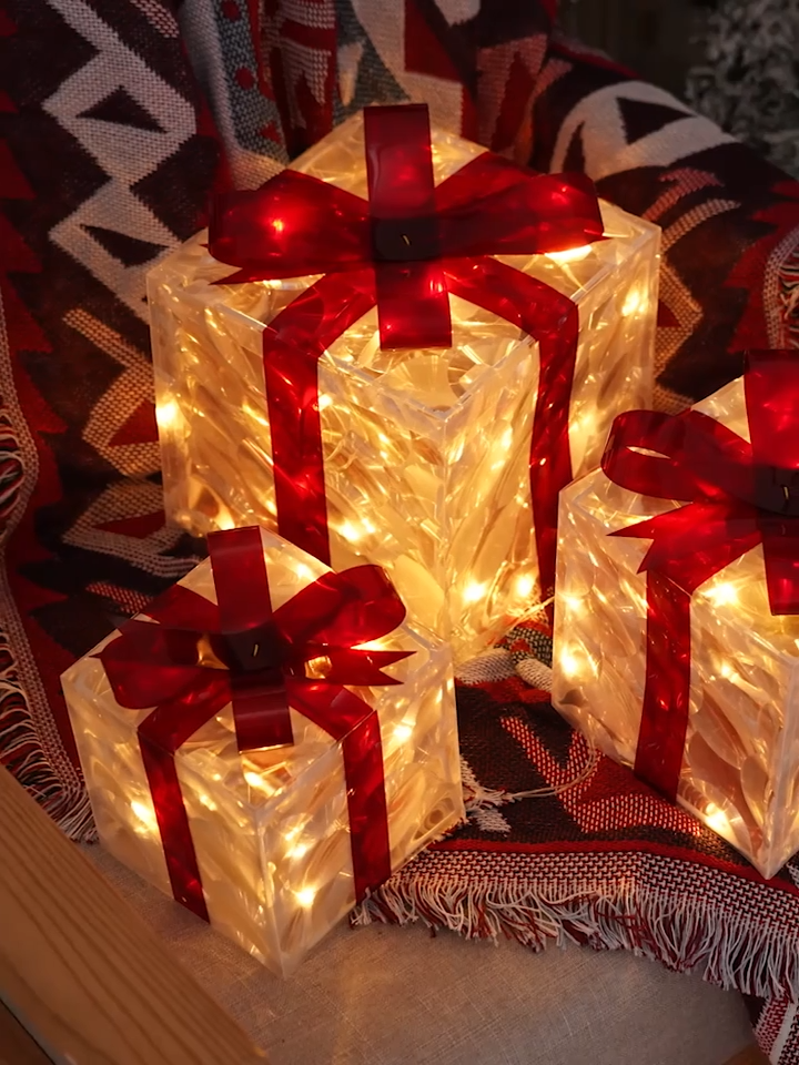 Set of 3 Christmas Lighted Gift Boxes, Transparent Warm White Lighted Christmas Box Decrations,